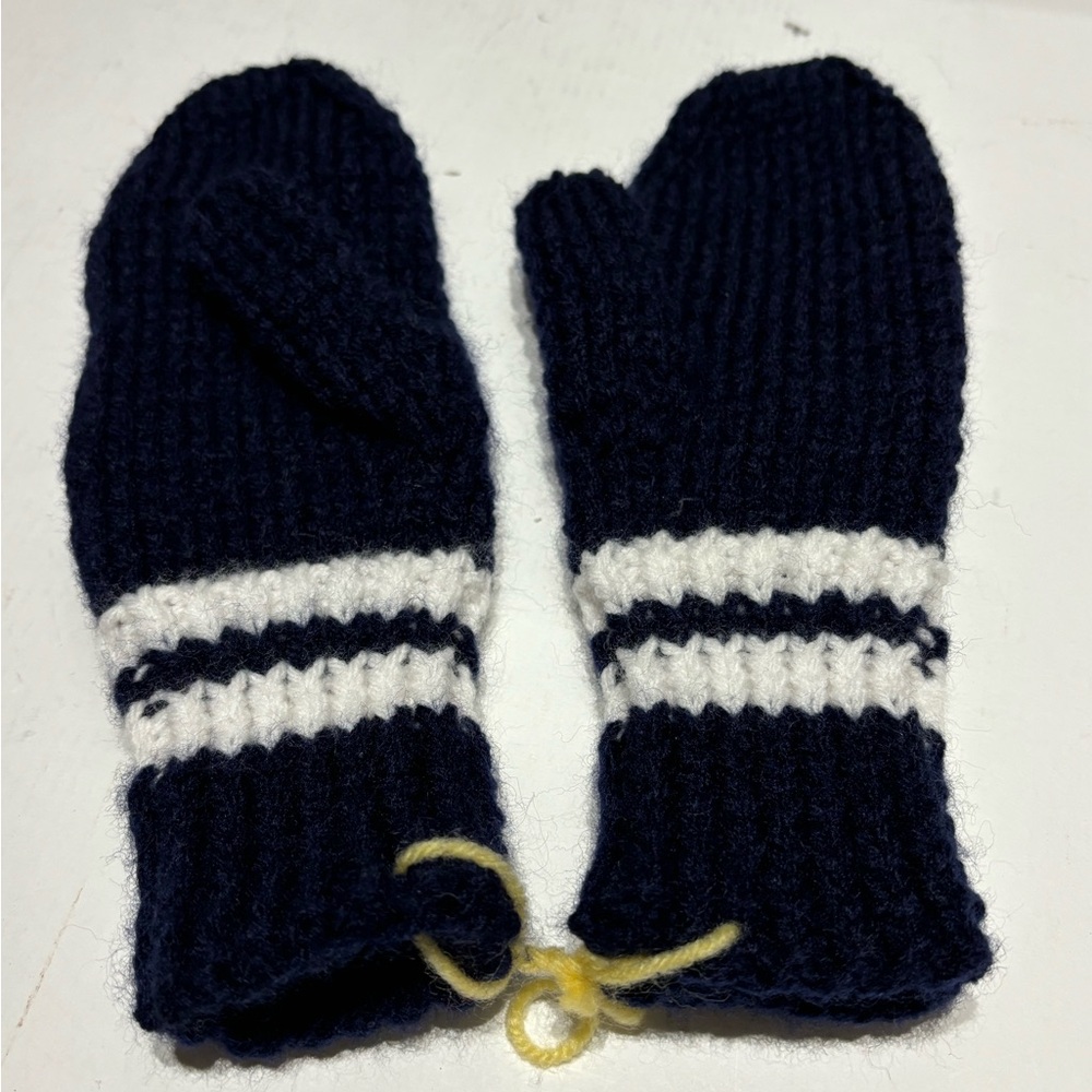 New Hand Crocheted Cozy  Dark Navy  and White Mittens
